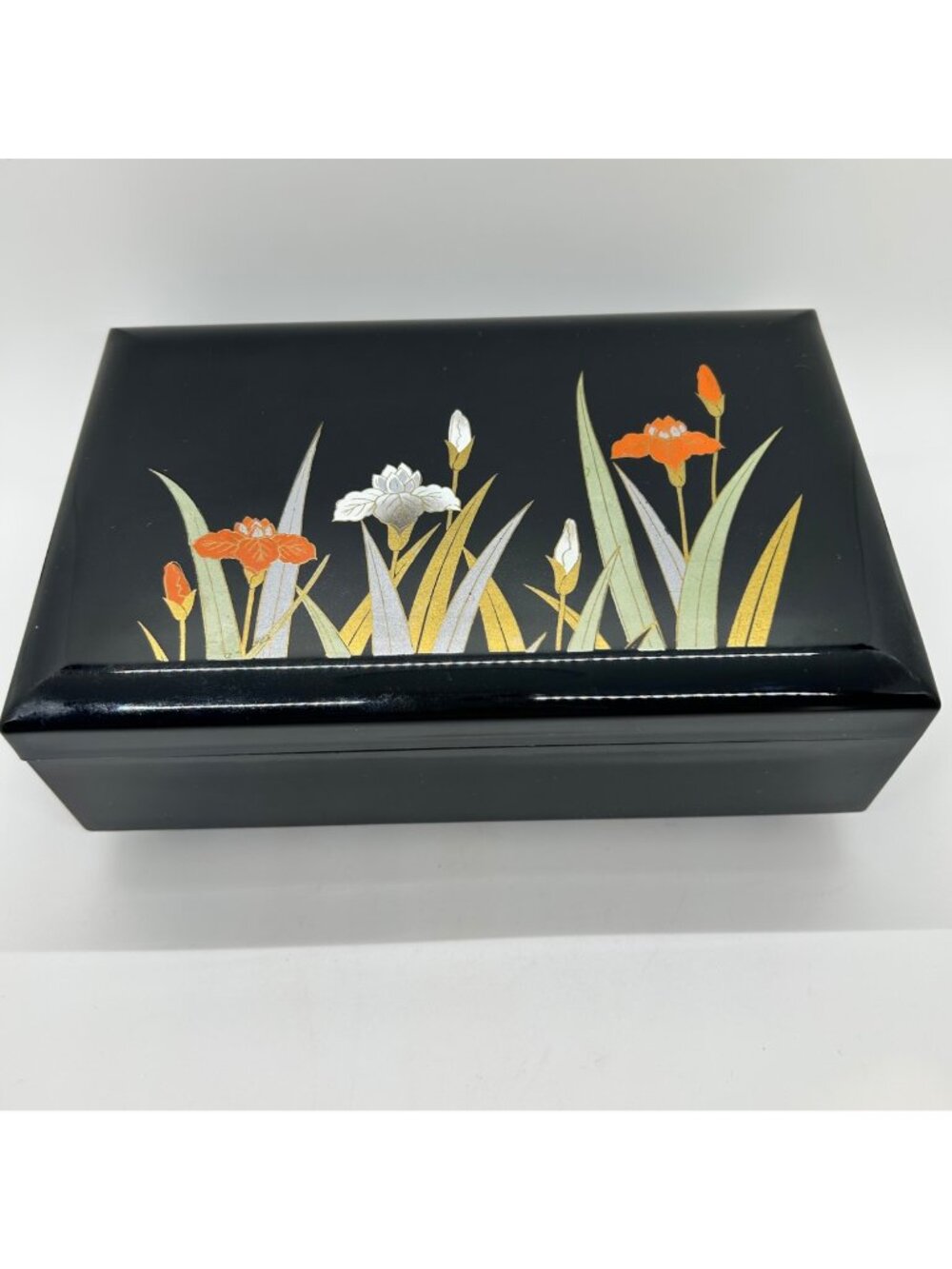 Vintage Otagiri Black Lacquer Musical Jewelry Box Iris "Shadow Of Your Smile"
